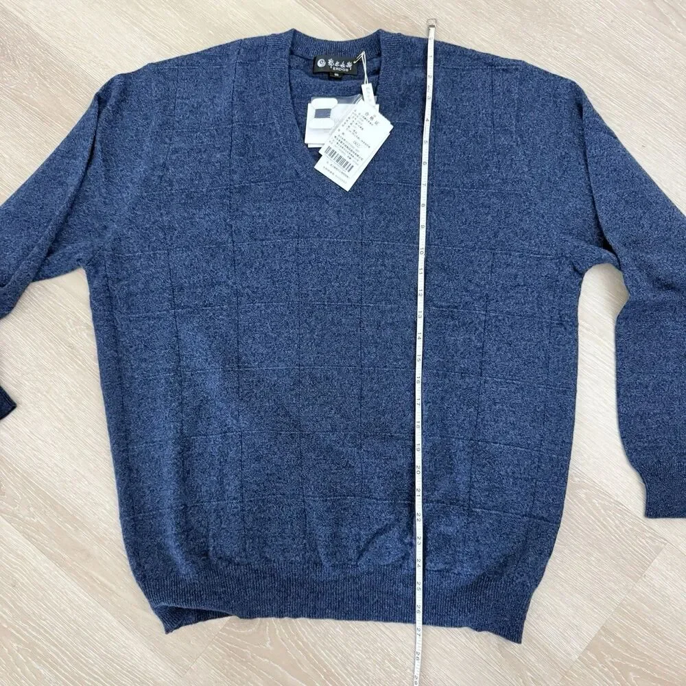 NWT Cashmere Tech V-Neck Sweater Windowpane Blue Men's L XL ERDOS Grandpa Preppy